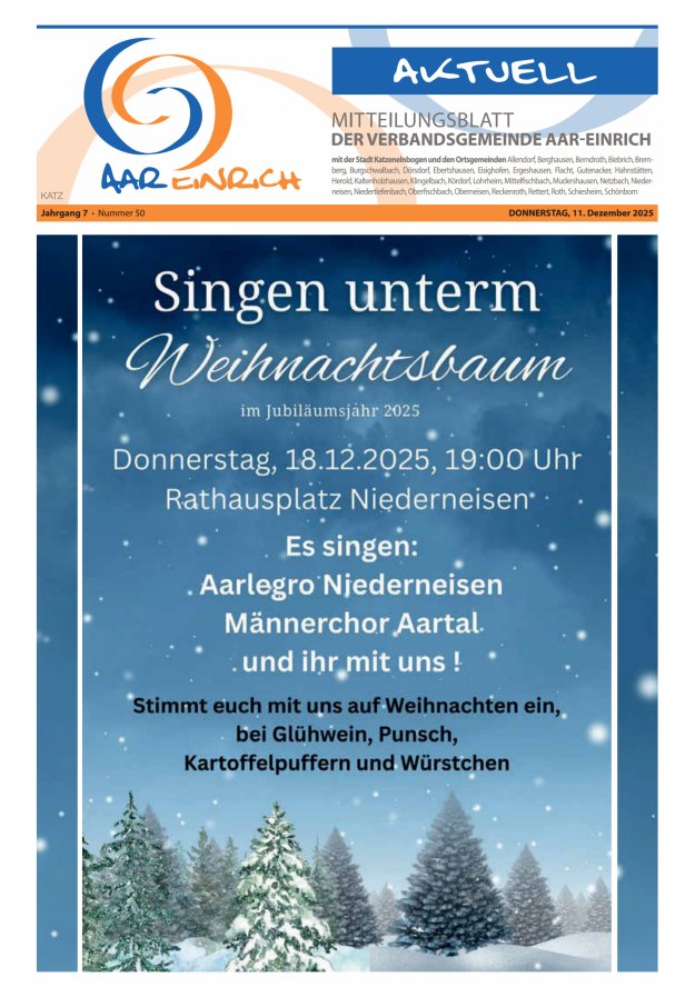 Mitteilungsblatt der Verbandsgemeinde Aar-Einrich Ausgabe Katzenelnbogen Titelblatt 50/2025