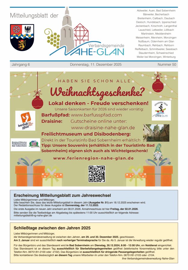 Mitteilungsblatt für die Verbandsgemeinde Nahe-Glan Titelblatt 50/2025