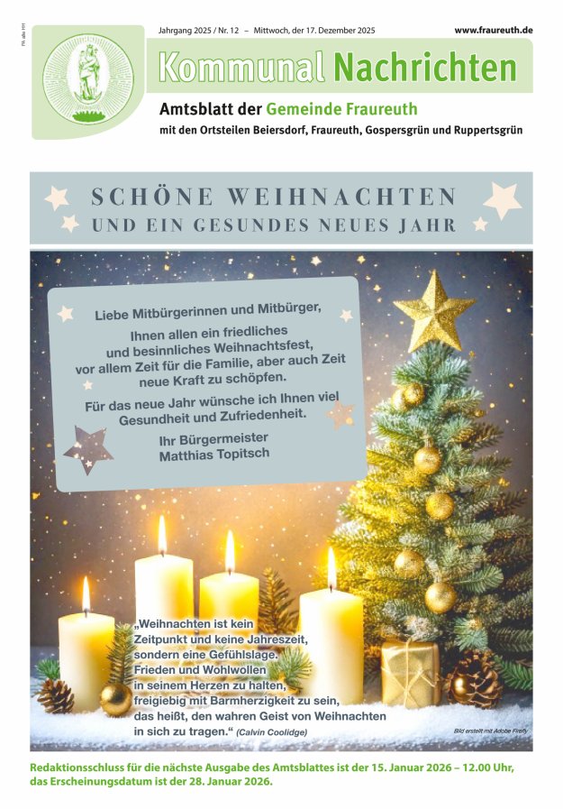 Kommunal-Nachrichten der Gemeinde Fraureuth Titelblatt 12/2025