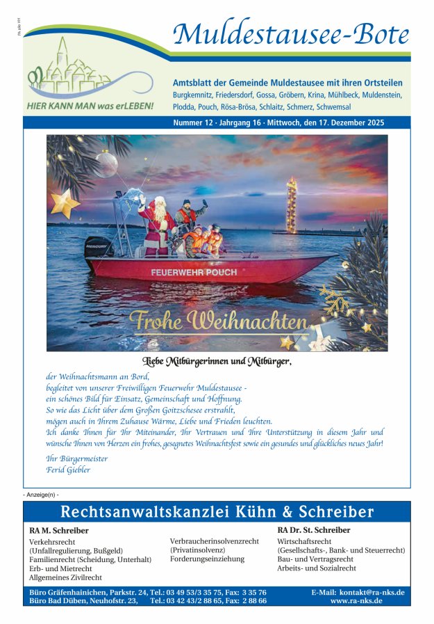 Muldestausee-Bote – Amtsblatt der Gemeinde Muldestausee mit ihren Ortsteilen Titelblatt 12/2025