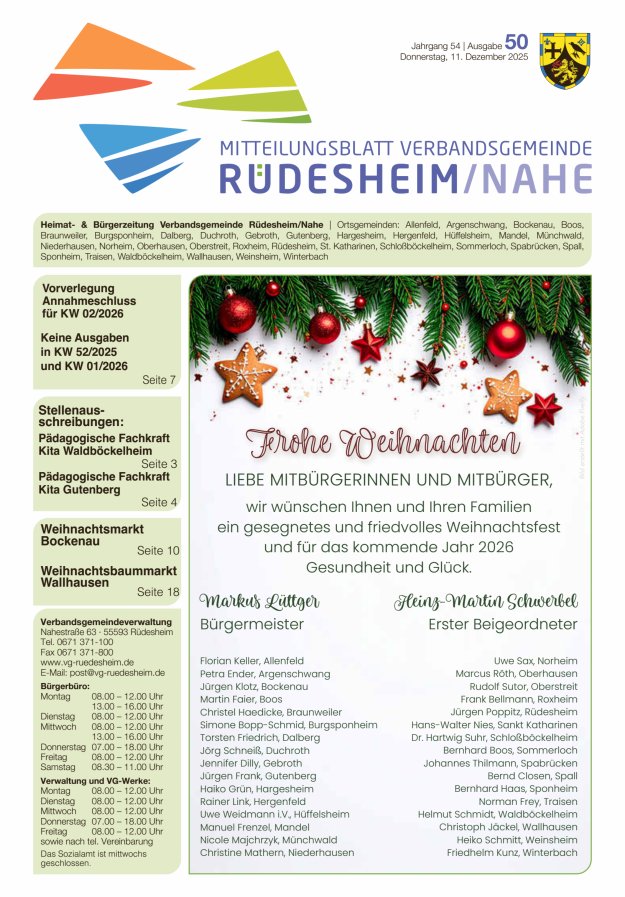Mitteilungsblatt Verbandsgemeinde Rüdesheim und zugehörige Ortsgemeinden Titelblatt 50/2025