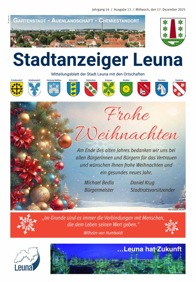 Stadtanzeiger – Mitteilungsblatt der Stadt Leuna mit den Ortschaften Titelblatt 12/2025