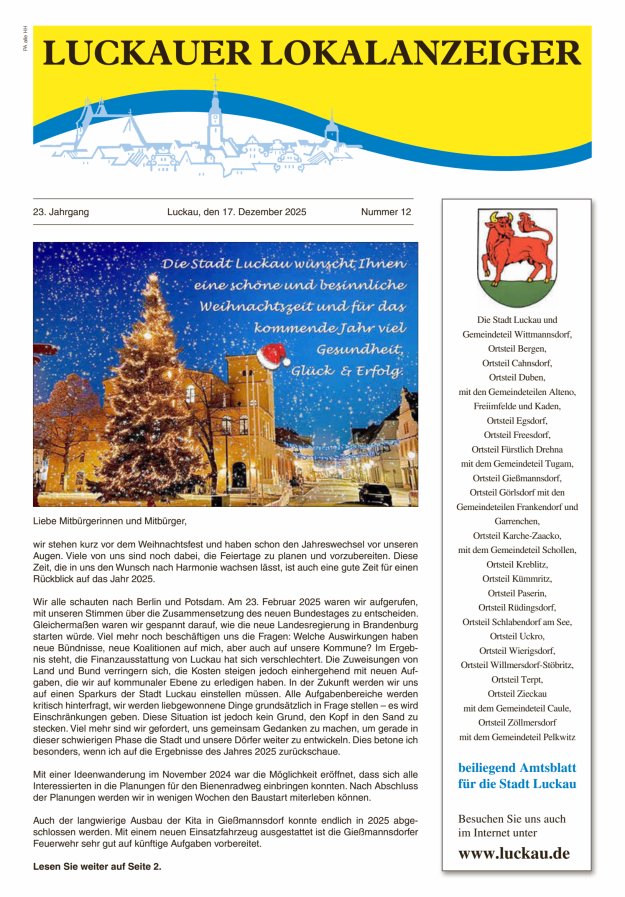 Luckauer Lokalanzeiger (beiliegend Amtsblatt für die Stadt Luckau) Titelblatt 12/2025
