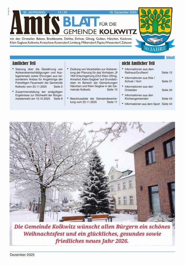 Amtsblatt für die Gemeinde Kolkwitz  Titelblatt 14/2025