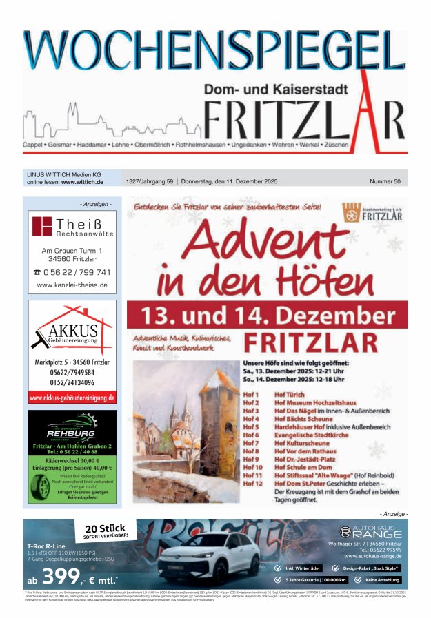 Wochenspiegel Dom- und Kaiserstadt Fritzlar Titelblatt 50/2025