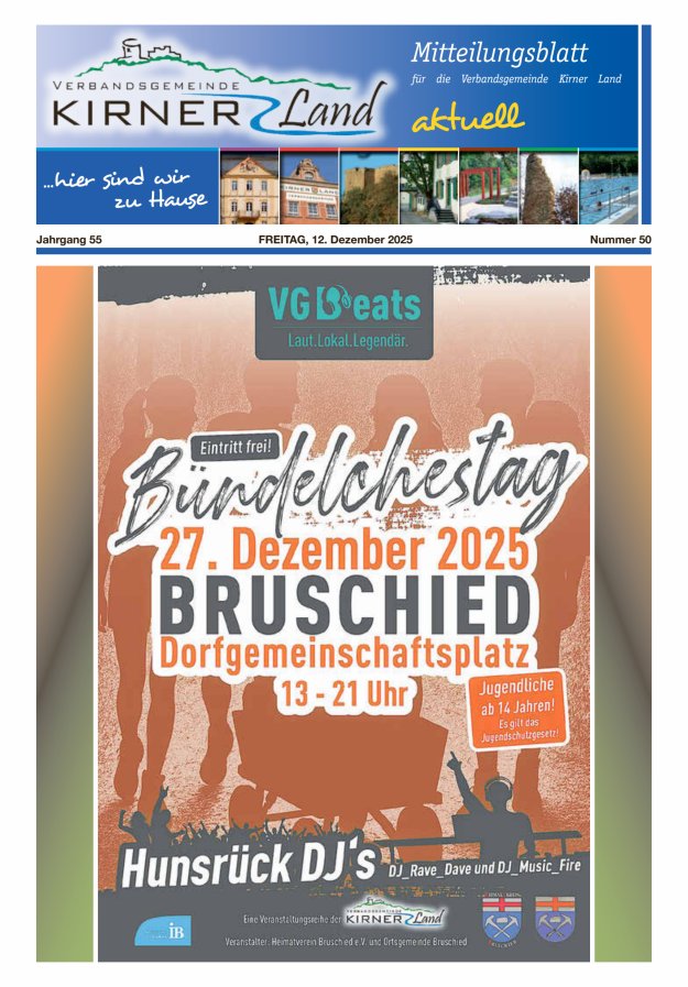 Mitteilungsblatt für den Bereich der Verbandsgemeinde Kirner Land Titelblatt 50/2025