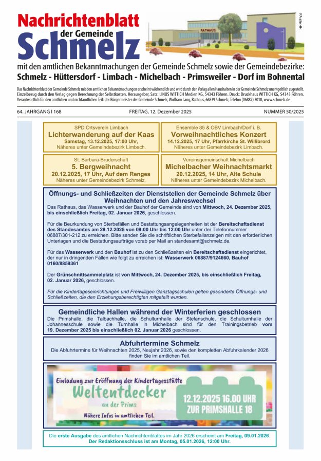 Nachrichtenblatt Schmelz Titelblatt 50/2025