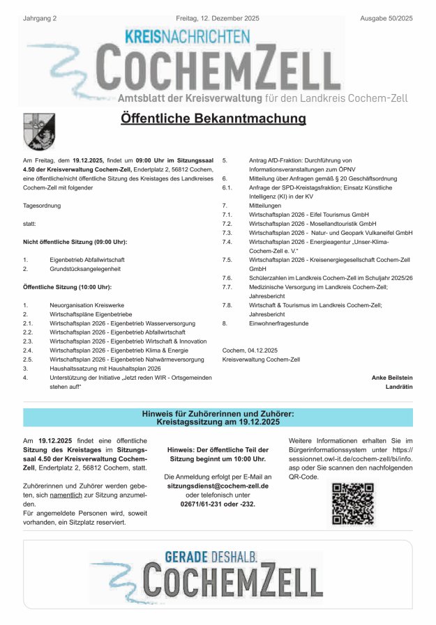 Kreisnachrichten Cochem-Zell Titelblatt 50/2025