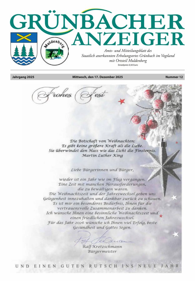 Grünbacher Anzeiger - Amts- und Mitteilungsblatt Titelblatt 12/2025