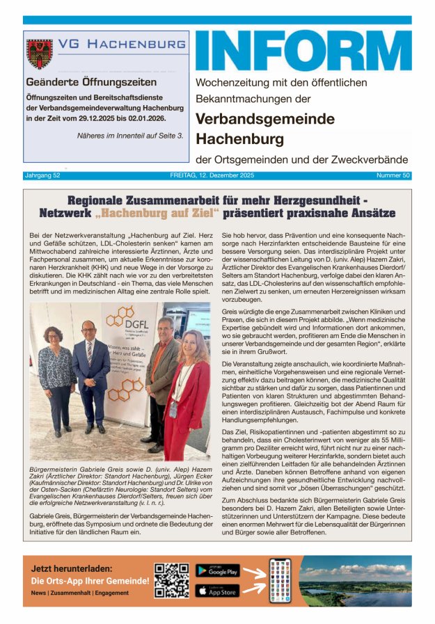 INFORM - Wochenzeitung der Verbandsgemeinde Hachenburg Titelblatt 50/2025