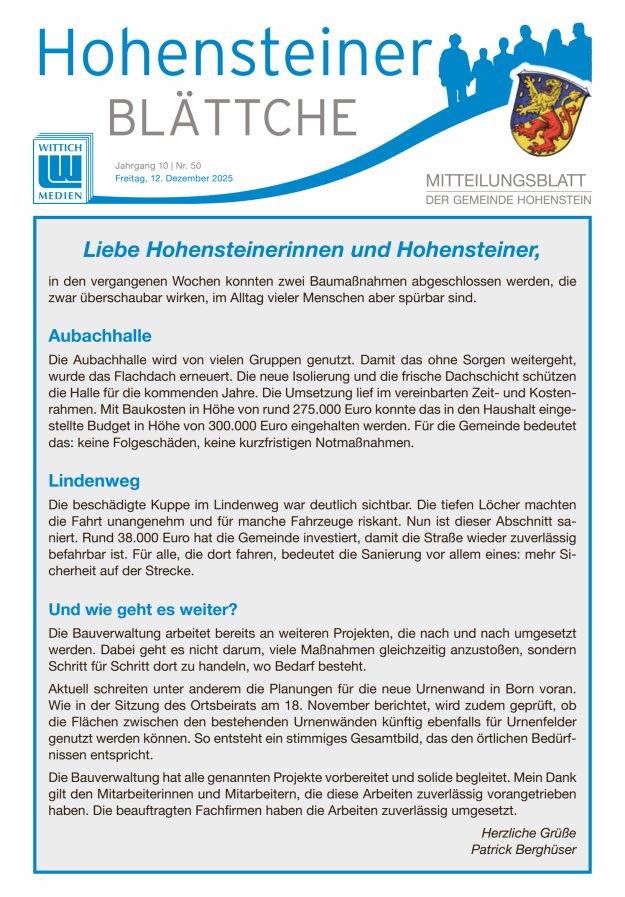 Hohensteiner Blättche Titelblatt 50/2025