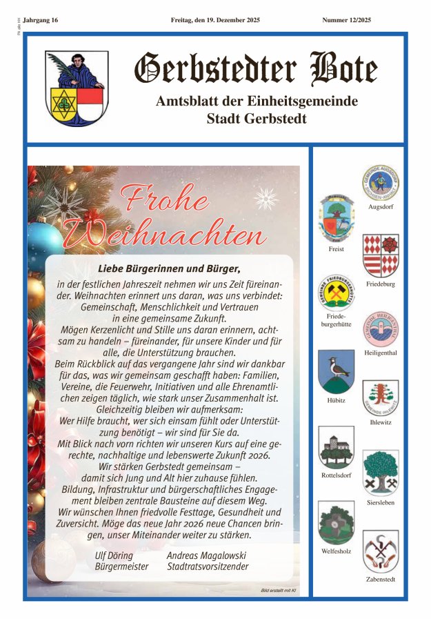 Gerbstedter Bote – Amtsblatt der Einheitsgemeinde Stadt Gerbstedt Titelblatt 12/2025