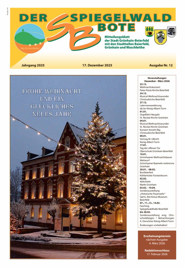 Der Spiegelwaldbote - Amts- und Mitteilungsblatt der Gemeinde Grünhain-Beierfeld  Titelblatt 12/2025