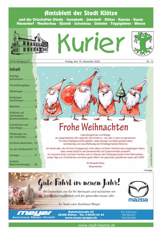 Stadt Klötze Kurier Titelblatt 12/2025