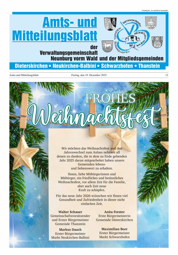 Amts- u Mitteilungsblatt der VG Neunburg vorm Wald u d Mitgliedsgemeinden Titelblatt 12/2025