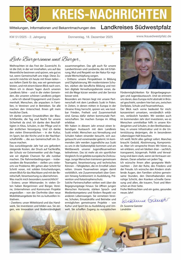 Kreis-Nachrichten - Mitteilungen des Landkreises Südwestpfalz Titelblatt 25/2025