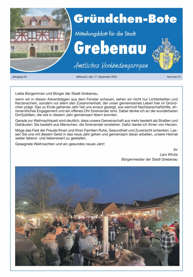 Grebenau - Gründchen Bote - Mitteilungsblatt für die Stadt Grebenau Titelblatt 51/2025