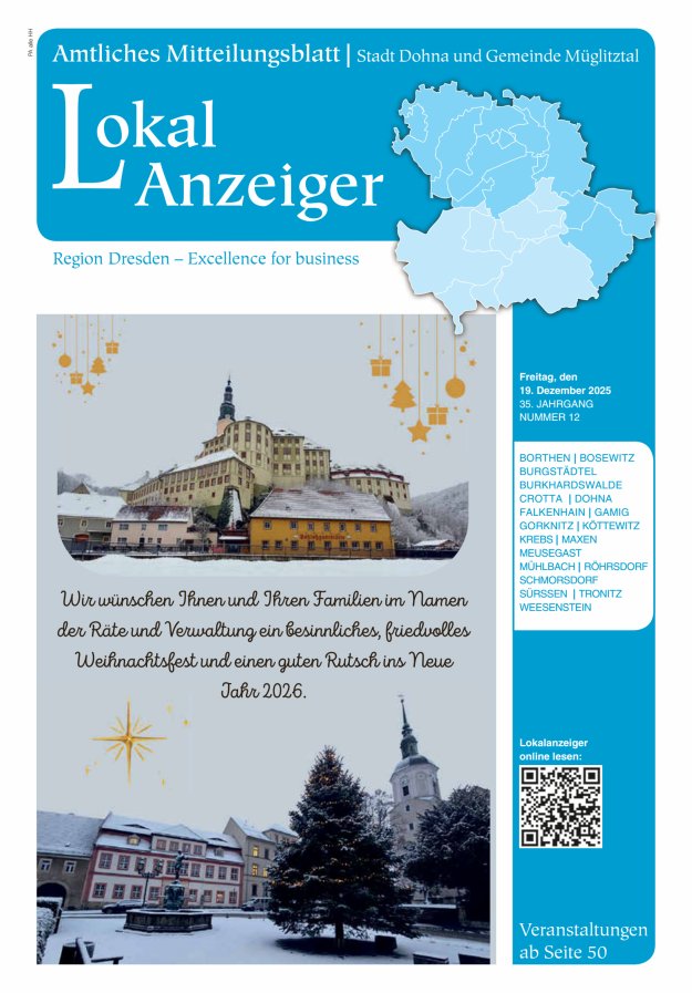 Lokal-Anzeiger – Amtliches Mitteilungsblatt Stadt Dohna und Gemeinde Müglitztal Titelblatt 12/2025