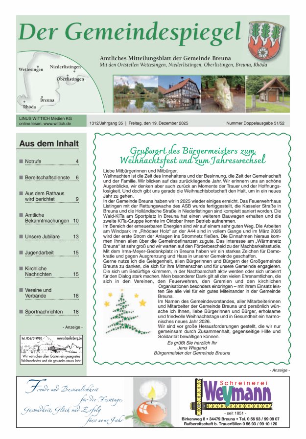 Der Gemeindespiegel (Breuna) Titelblatt 51/2025