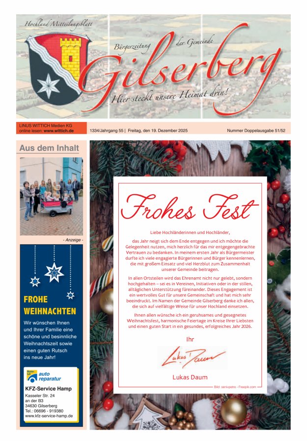 Hochland Mitteilungsblatt Gilserberg Titelblatt 51/2025