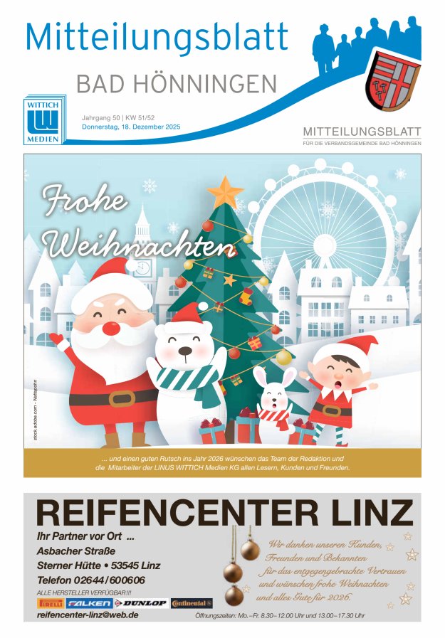 Mitteilungsblatt für den Bereich der Verbandsgemeinde Bad Hönningen Titelblatt 51/2025
