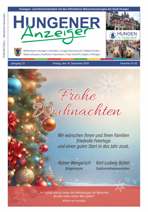 Anzeigen- und Nachrichtenblatt mit den öff  Bekanntmachungen der Stadt Hungen Titelblatt 51/2025