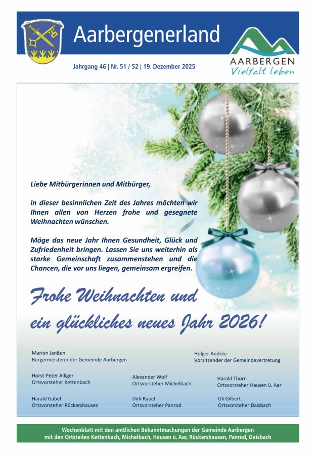 Aarbergenerland - Wochenblatt mit den amtlichen Bekanntmachungen Titelblatt 51/2025