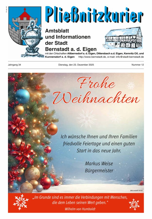 Pließnitzkurier – Amtsblatt und Informationen der Stadt Bernstadt a. d. Eigen Titelblatt 12/2025