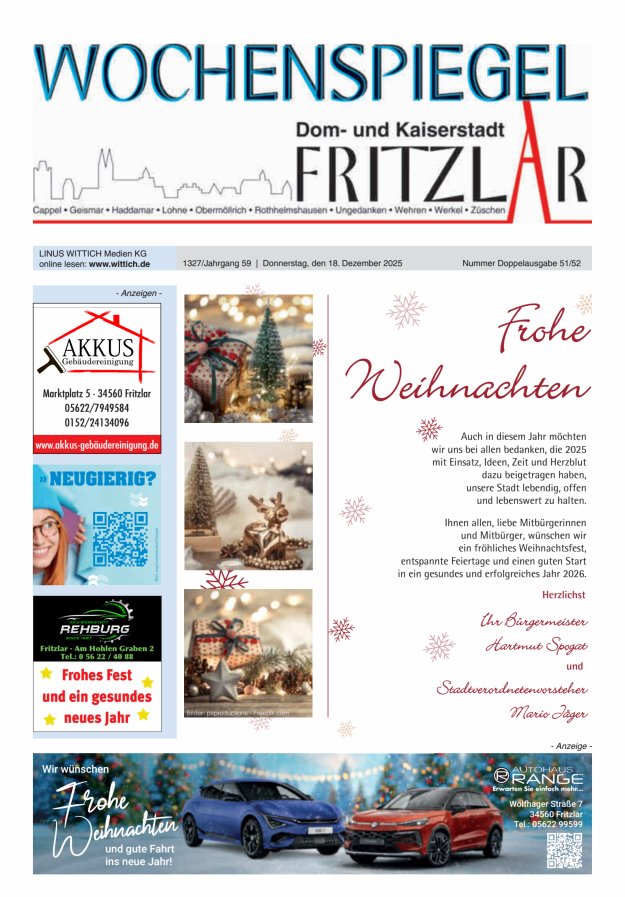 Wochenspiegel Dom- und Kaiserstadt Fritzlar Titelblatt 51/2025
