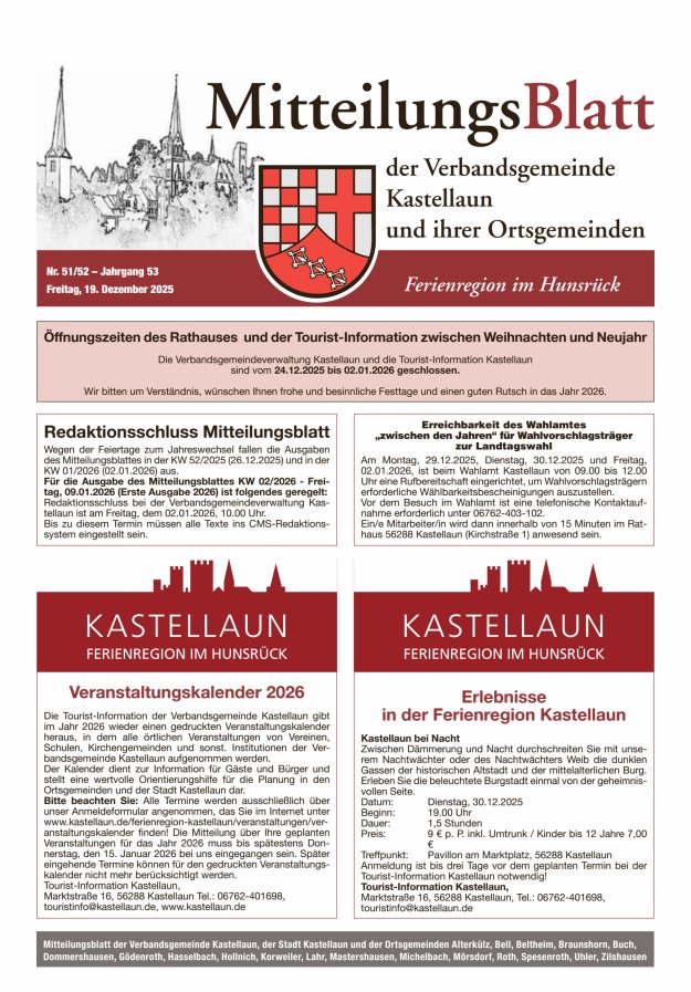 Mitteilungsblatt Kastellaun Titelblatt 51/2025