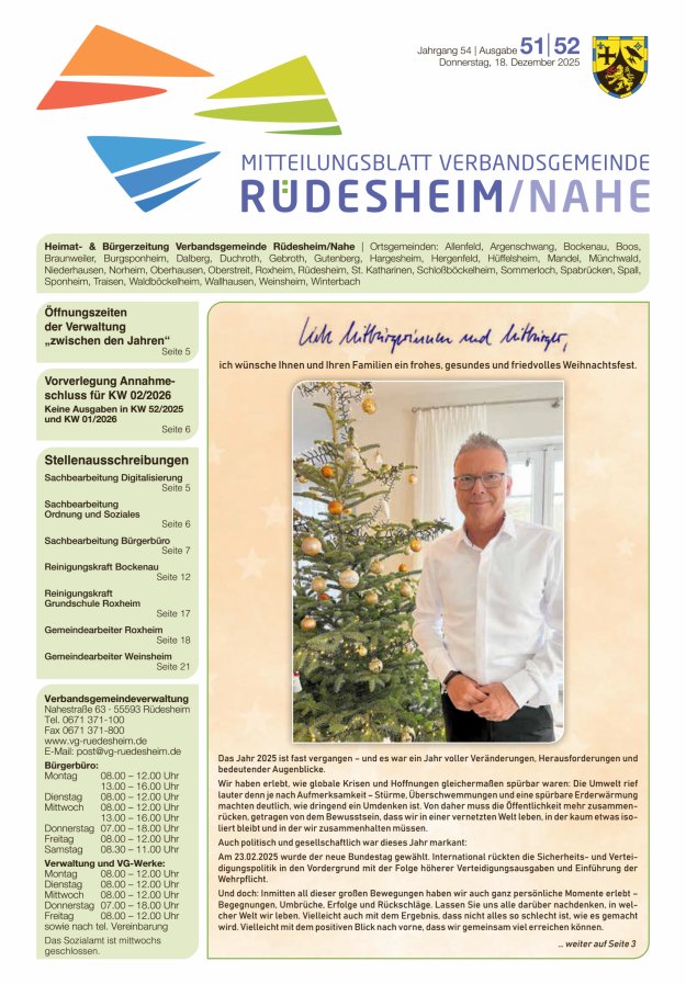 Mitteilungsblatt Verbandsgemeinde Rüdesheim und zugehörige Ortsgemeinden Titelblatt 51/2025