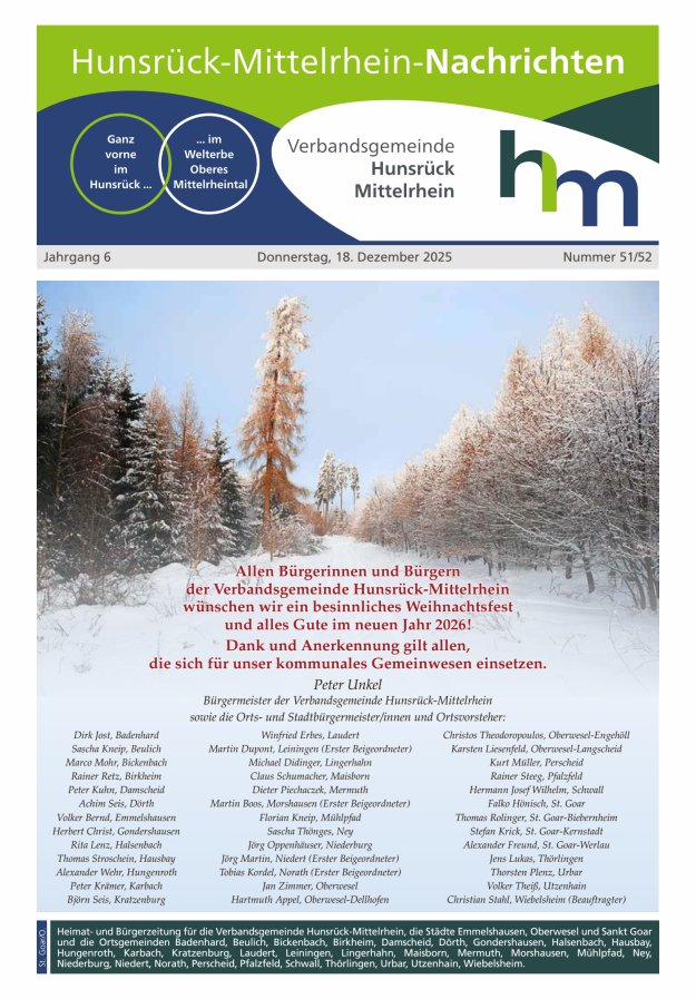 Hunsrück-Mittelrhein Nachrichten Ausgabe St Goar Oberwesel Titelblatt 51/2025