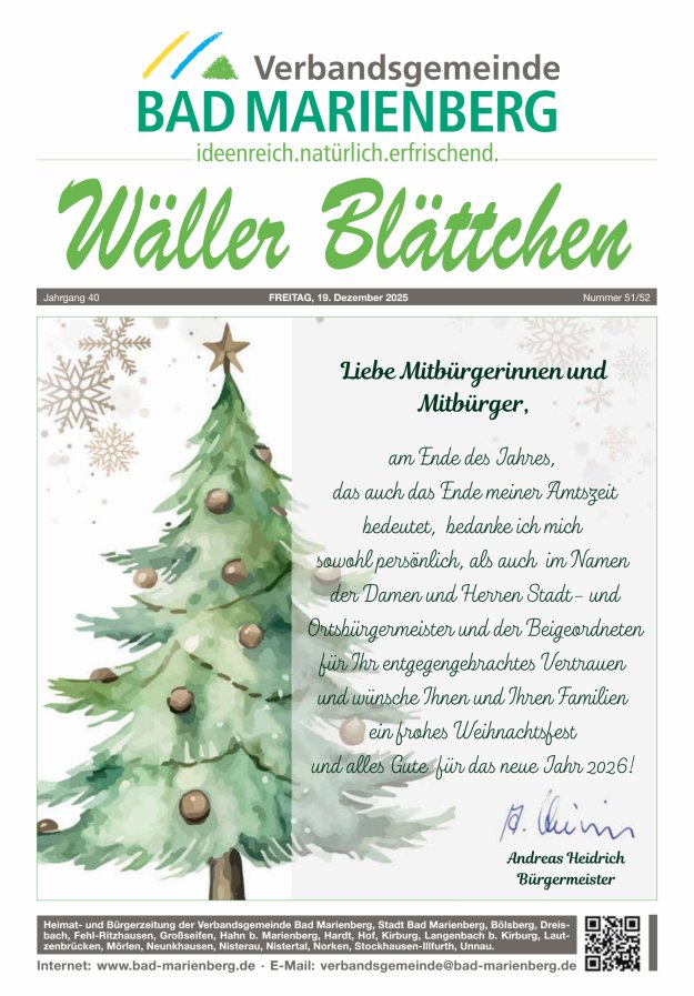 Wäller Blättchen - Verbandsgemeinde Bad Marienberg Titelblatt 51/2025