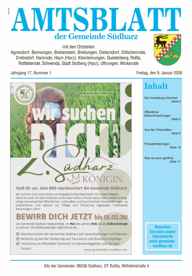 Amtsblatt der Gemeinde Südharz Titelblatt 01/2026