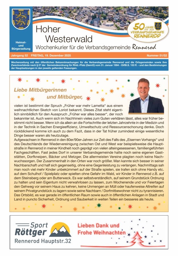 Hoher Westerwald - Wochenkurier für die Verbandsgemeinde Rennerod Titelblatt 51/2025