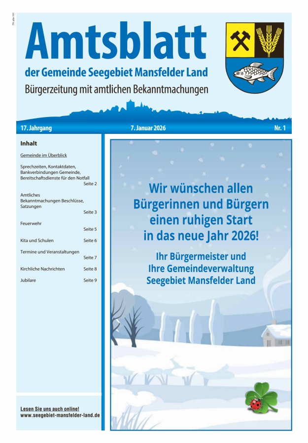 Amtsblatt der Gemeinde Seegebiet Mansfelder Land Titelblatt 01/2026