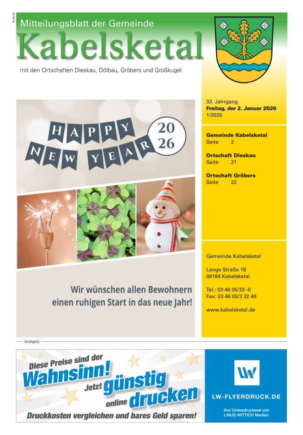 Amtsblatt der Gemeinde Kabelsketal mit den Ortsteilen Titelblatt 01/2026