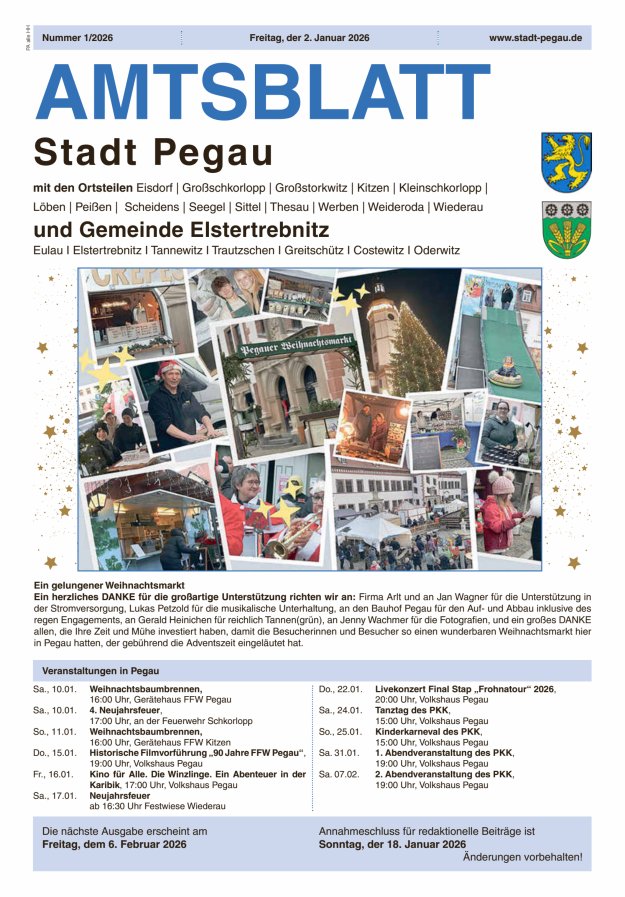 Amtsblatt Stadt Pegau und Gemeinde Elstertrebnitz  Titelblatt 01/2026