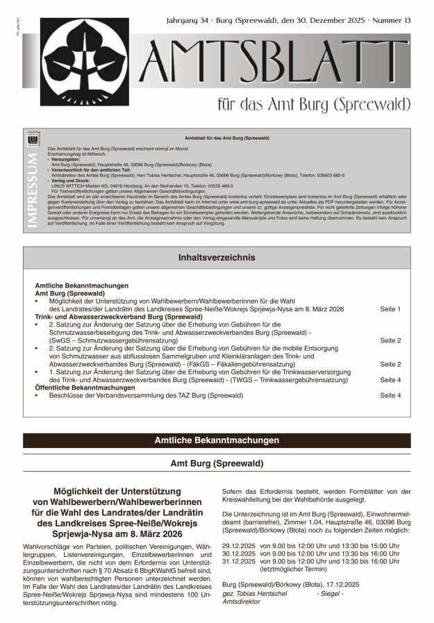 Burger Spreewald Zeitung - Amtsblatt für das Amt Burg (Spreewald) Titelblatt 14/2026