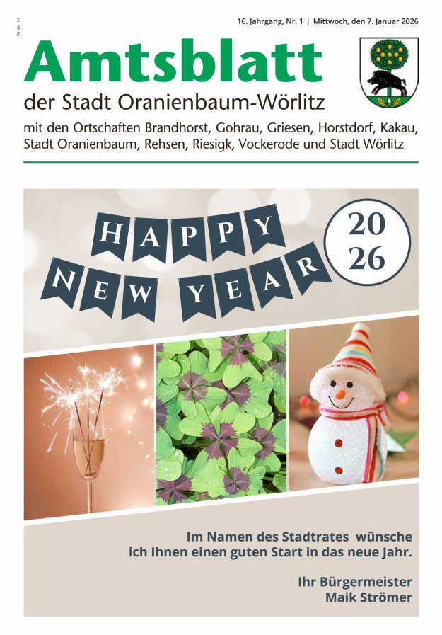 Amtsblatt der Stadt Oranienbaum-Wörlitz mit den Ortschaften Titelblatt 01/2026