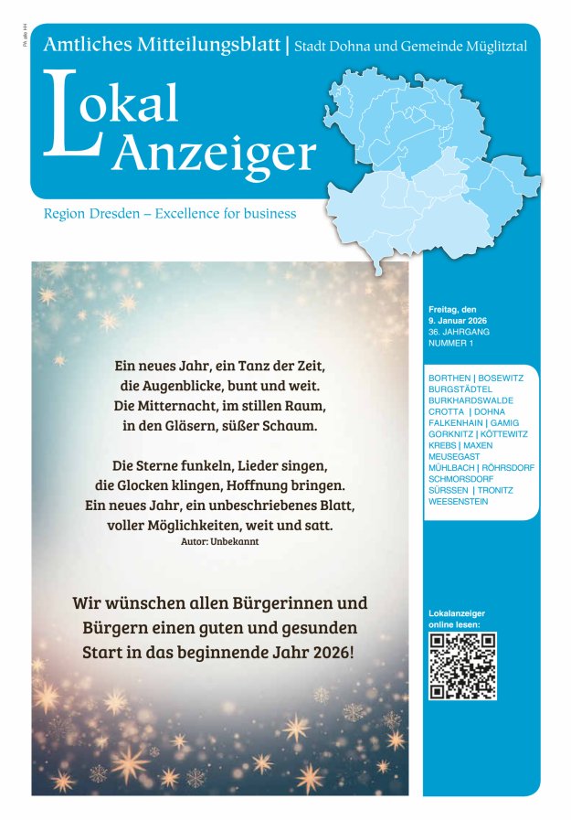 Lokal-Anzeiger – Amtliches Mitteilungsblatt Stadt Dohna und Gemeinde Müglitztal Titelblatt 01/2026