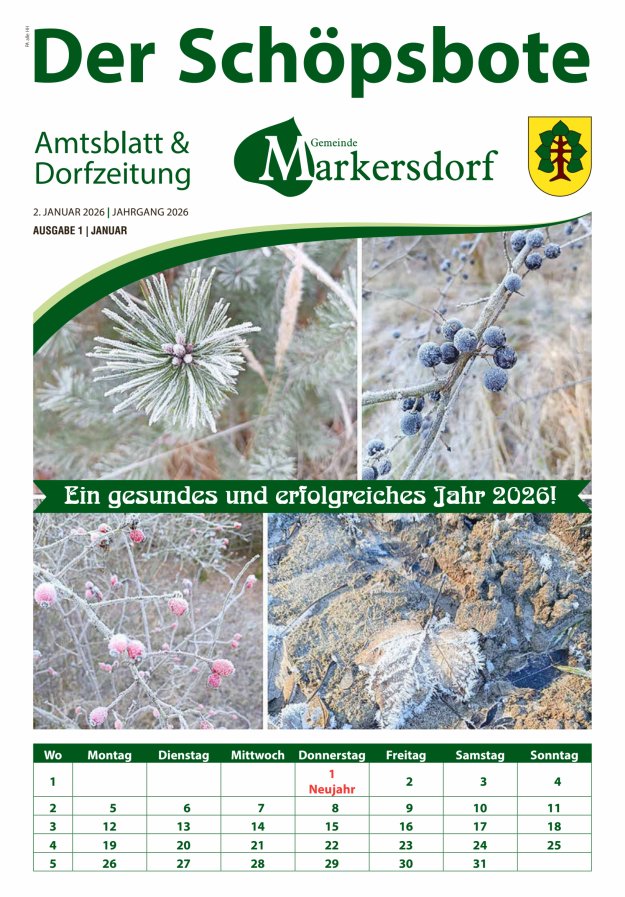 Amtsblatt und Dorfzeitung der Gemeinde Markersdorf Titelblatt 01/2026