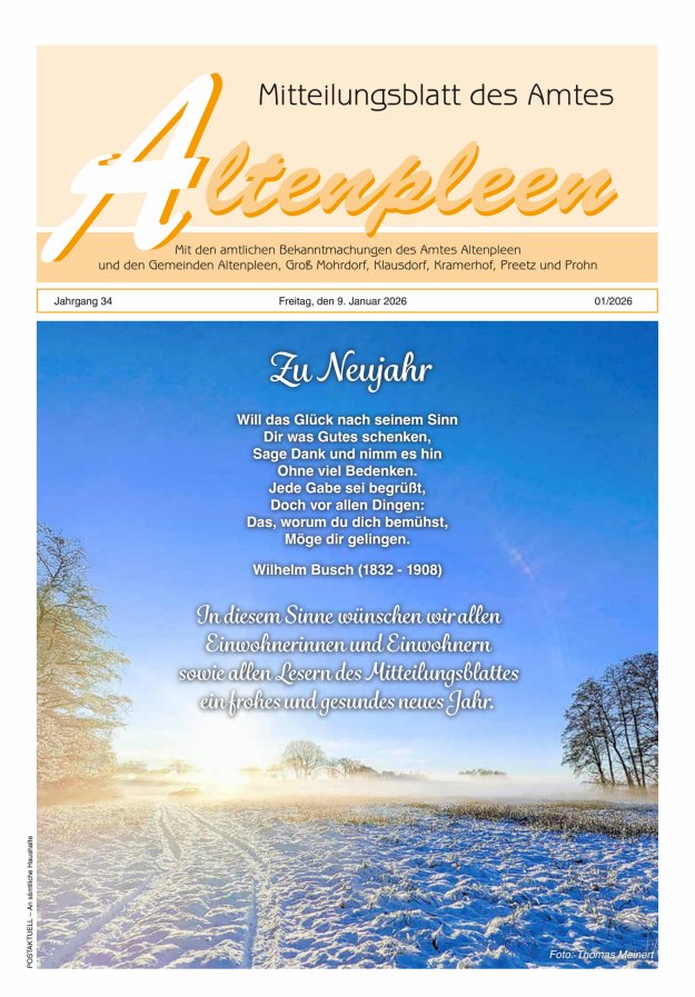 Mitteilungsblatt des Amtes Altenpleen Titelblatt 01/2026