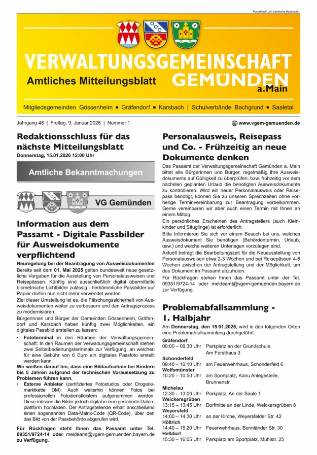 Mitteilungsblatt der VG Gemünden a Main Titelblatt 01/2026