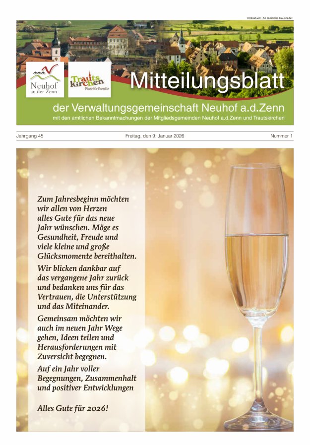 Mitteilungsblatt der Verwaltungsgemeinschaft Neuhof an der Zenn mit den amtlichen Bekanntmachungen der Mitgliedsgemeinden Neuhof an der Zenn und Trautskirchen Titelblatt 01/2026