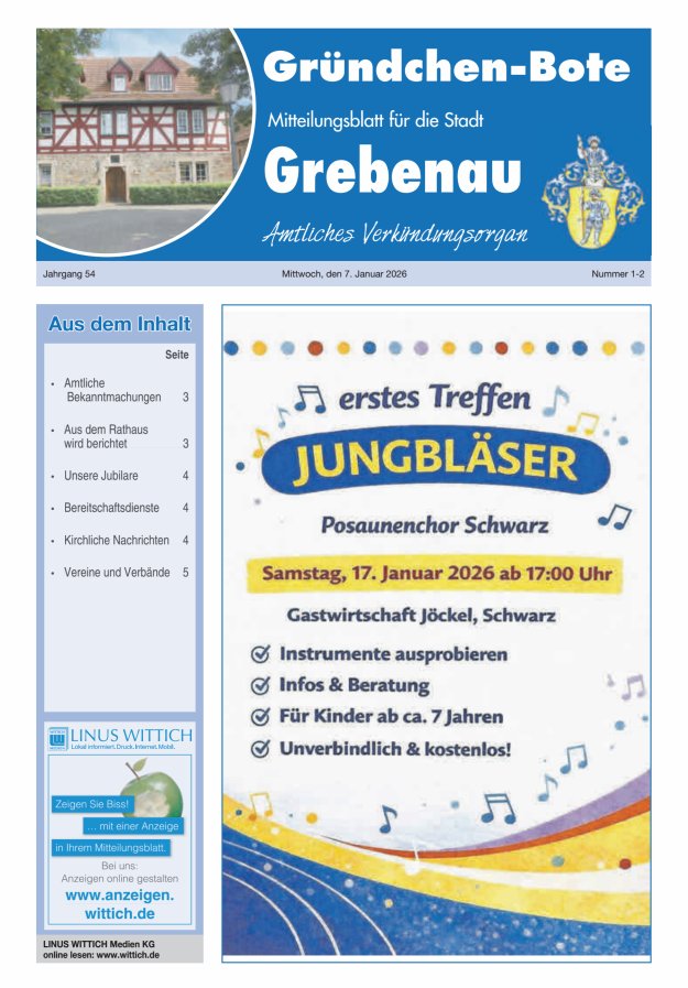 Grebenau - Gründchen Bote - Mitteilungsblatt für die Stadt Grebenau Titelblatt 02/2026