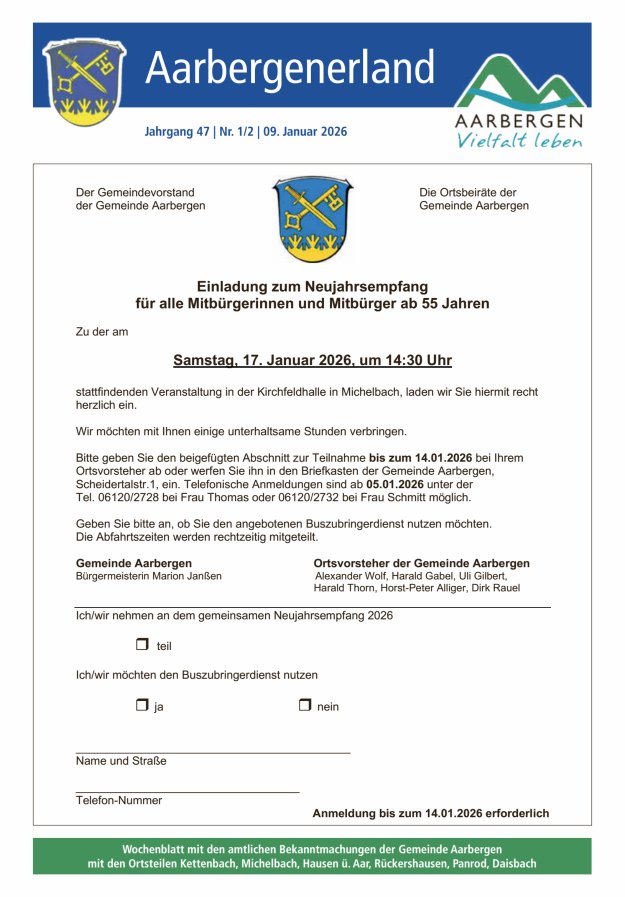 Aarbergenerland - Wochenblatt mit den amtlichen Bekanntmachungen Titelblatt 02/2026