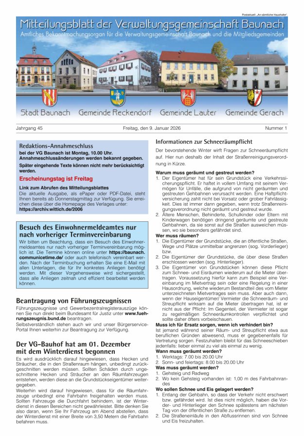 Mitteilungsblatt Verwaltungsgemeinschaft Baunach Titelblatt 01/2026