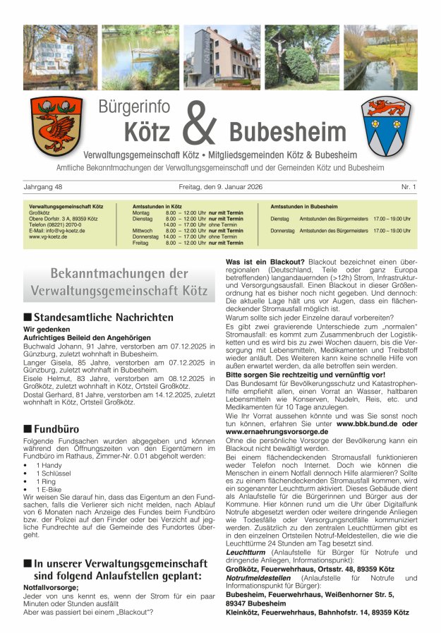 Amtsblatt der VG Kötz und der Mitgliedsgemeinden Titelblatt 01/2026