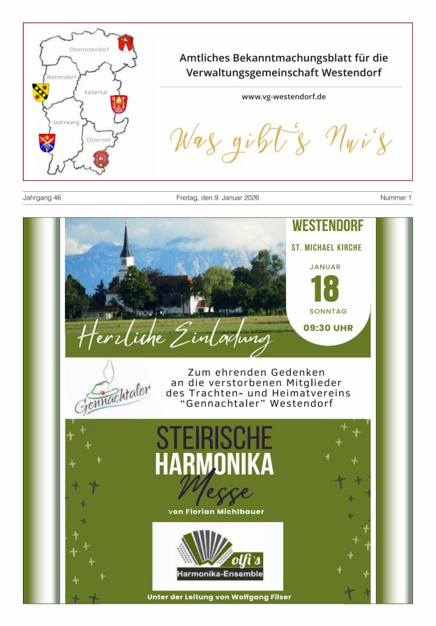 Was gibt's Nui's Amtliches Bekanntmachungsblatt für die VG Westendorf Titelblatt 01/2026